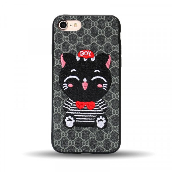 Wholesale iPhone 8 Plus / 7 Plus Design Cloth Stitch Hybrid Case (Gray Cat)